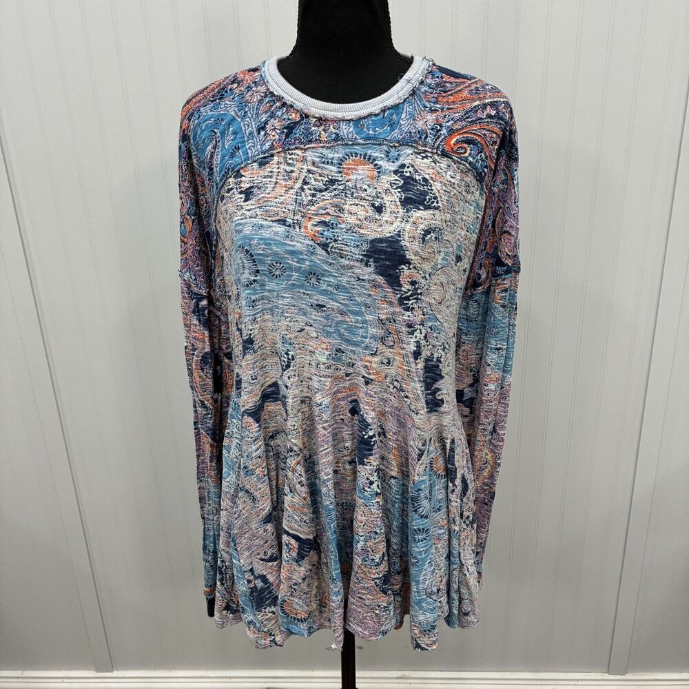 Free People Women's Small Blue Orange Paisley Long Sleeve Tunic Top Boho Shirt